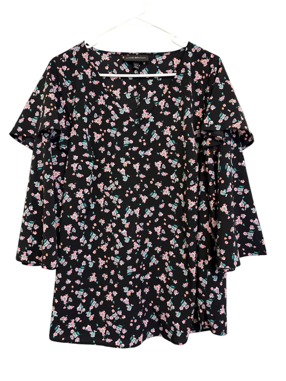 2/$30 Lane Bryant Floral Tunic Blouse 10/12 Black Pink Ruffle Sleeve Boho Top